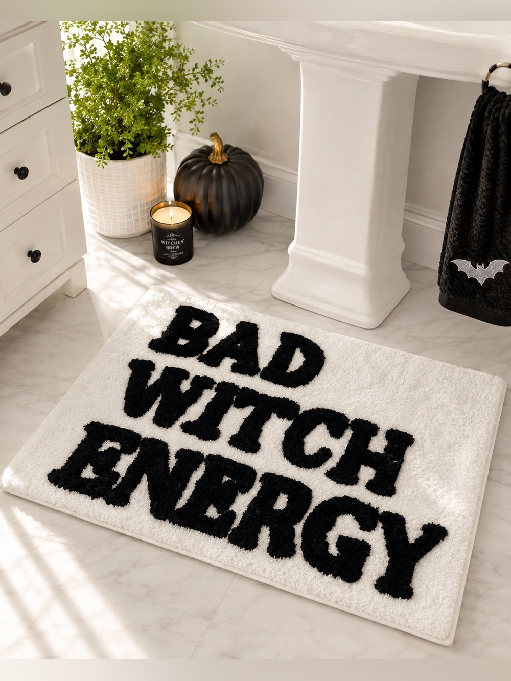 Spooky Chateau Bad Witch Energy Halloween Bath Rug 20x30 Black White NWT